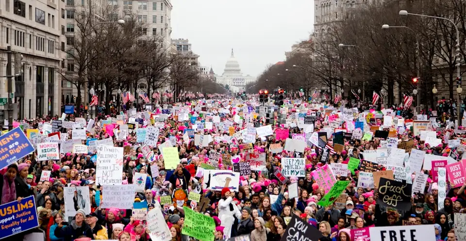 Marchers fill a Washington, D.C. avenue holding placards at a women's rights rally.