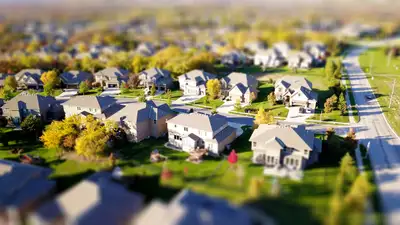 Aerial view of a suburban neighborhood of single-family homes and tree-lined streets