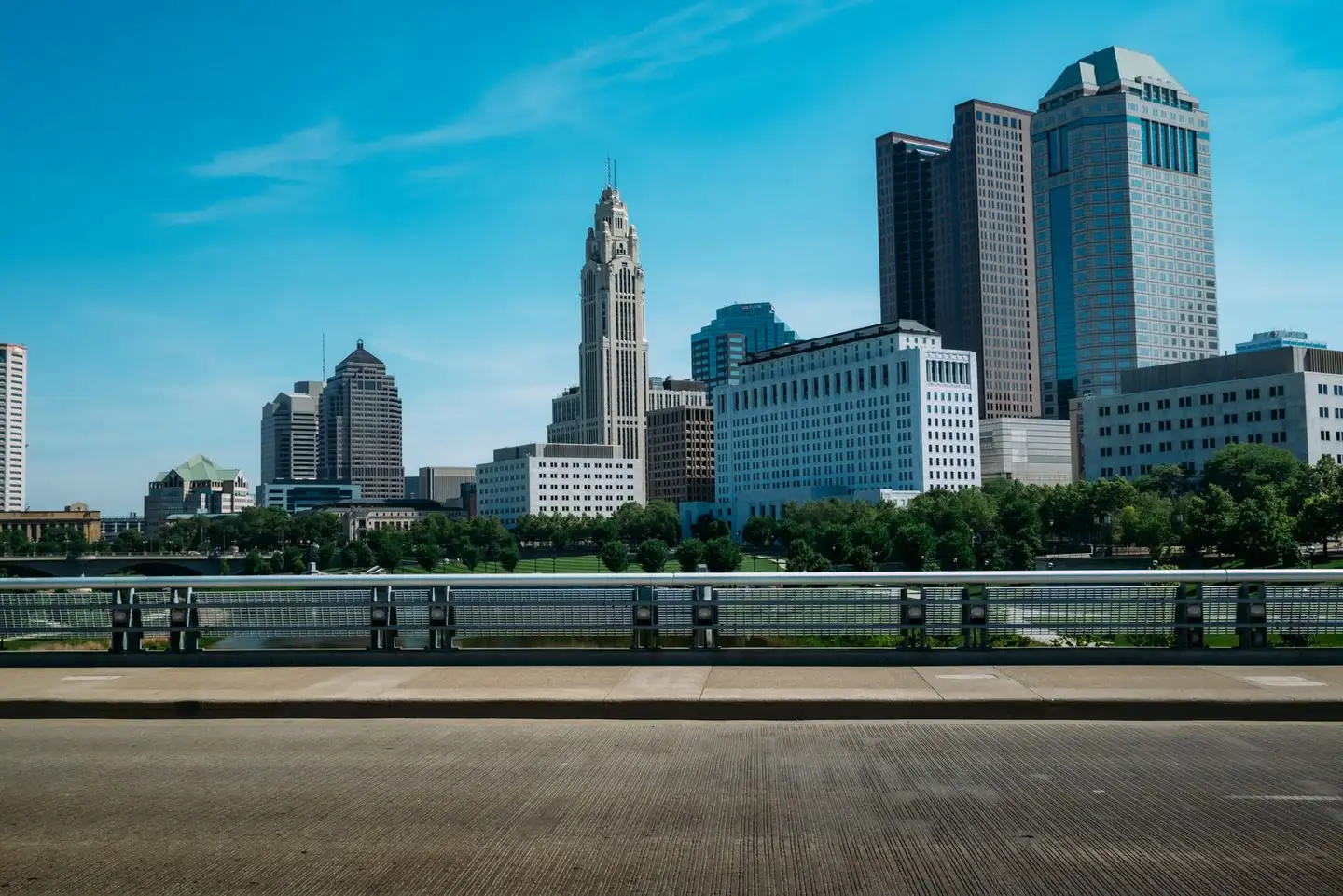 The downtown Columbus, Ohio, skyline under a blue sky