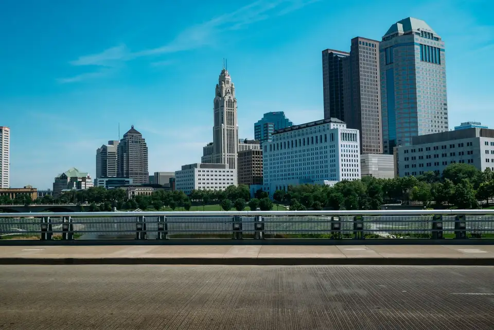 The downtown Columbus, Ohio, skyline under a blue sky
