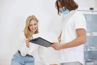 A patient reviewing her medical chart with a clinician in an exam room