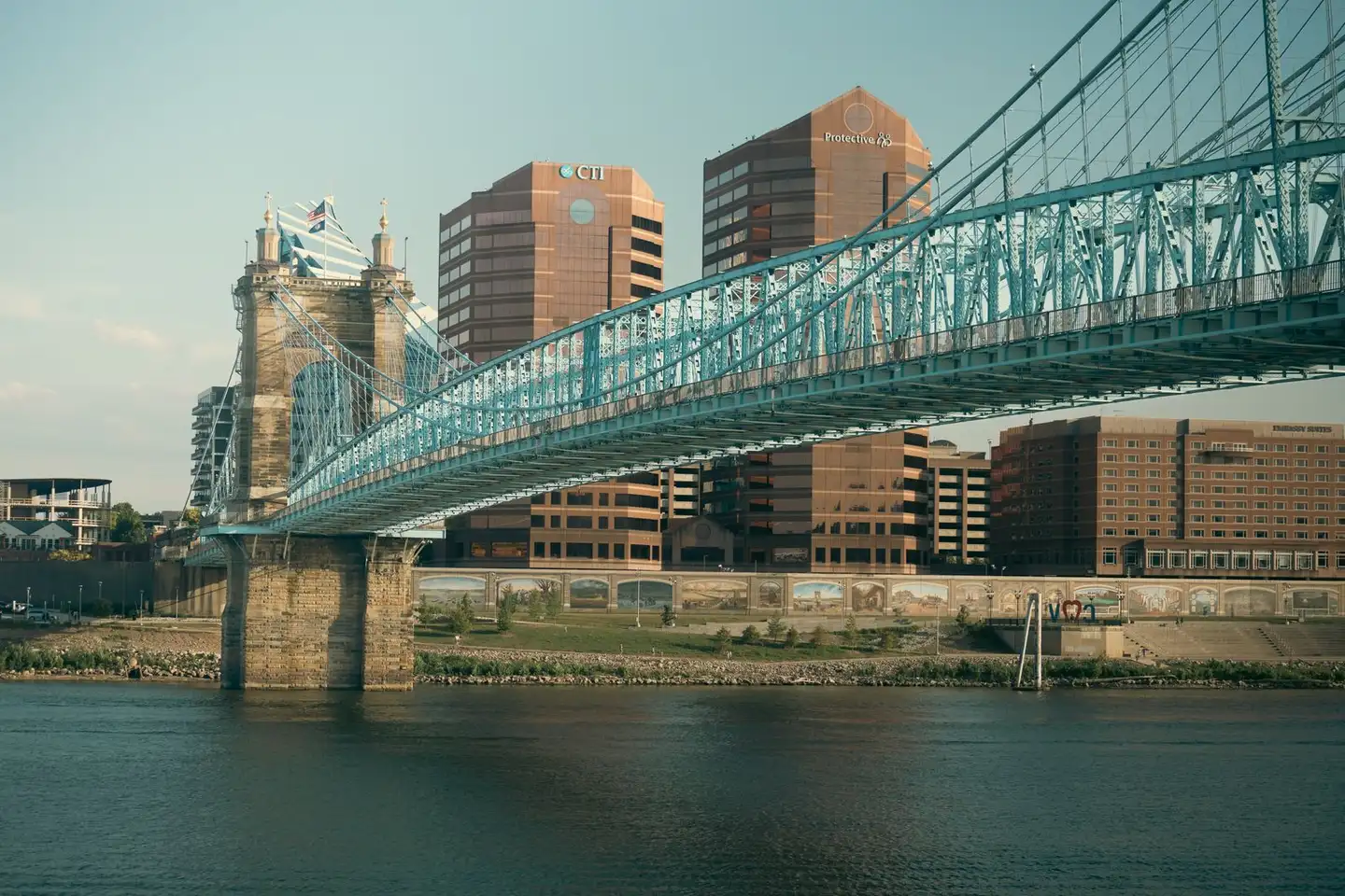 The Cincinnati skyline and the Roebling Suspension Bridge over the Ohio River