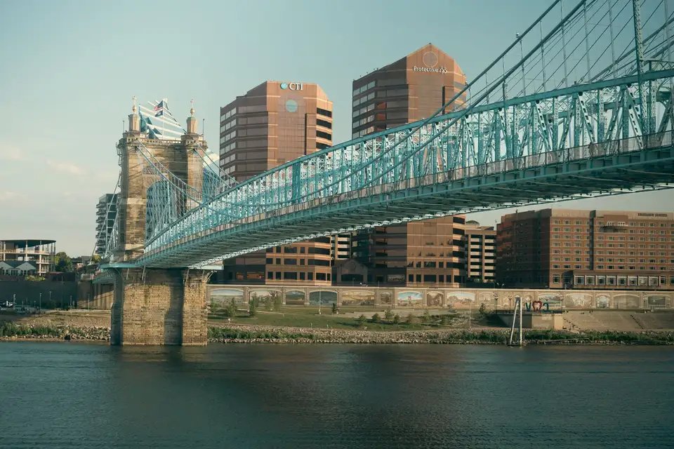 The Cincinnati skyline and the Roebling Suspension Bridge over the Ohio River
