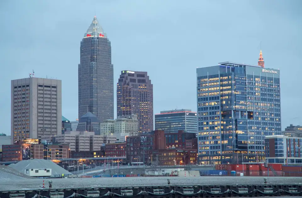 Downtown Cleveland's skyline illuminated at night