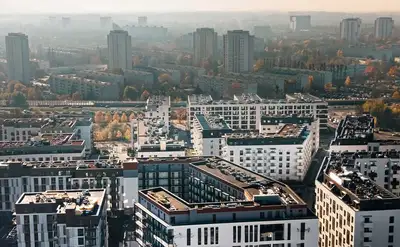 Aerial view of dense urban apartment buildings